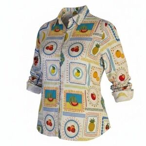 JANE + DELANCEY Fruit Print Kitsch Funky Art Shirt Linen Viscose Maximalist